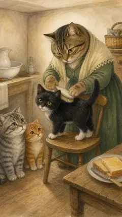 Then she brushed their fur, (this one is Mittens).