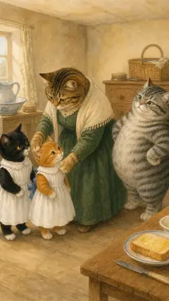 Mrs. Tabitha dressed Moppet and Mittens in clean pinafores and tuckers;