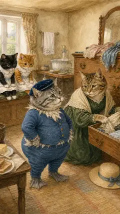 and then she took all sorts of elegant uncomfortable clothes out of a chest of drawers, in order to dress up her son Thomas.