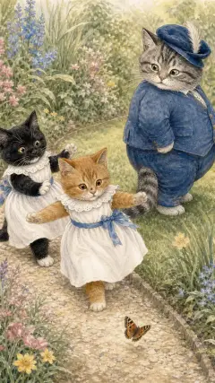 Moppet and Mittens walked down the garden path unsteadily.