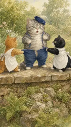 Moppet and Mittens tried to pull him together;