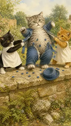 his hat fell off, and the rest of his buttons burst.