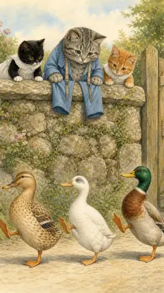 and the three Puddle-Ducks came along the hard high road, marching one behind the other and doing the goose step pit pat paddle pat!