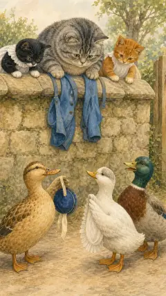 Then the two duck-birds, Rebeccah and Jemima Puddle-Duck, picked up the hat and tucker