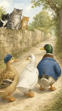 And he and Jemima and Rebeccah Puddle-Duck set off up the road, keeping step pit pat, paddle pat! pit pat, waddle pat!