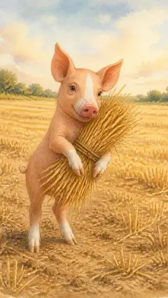 The first little pig gathered straw from the farmer's field near by