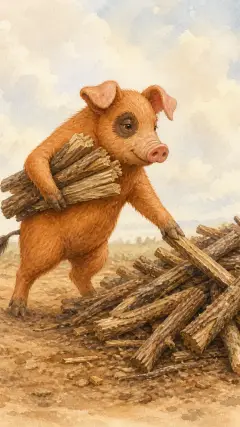 The second little pig gathered some wood from the farmer's wood pile,