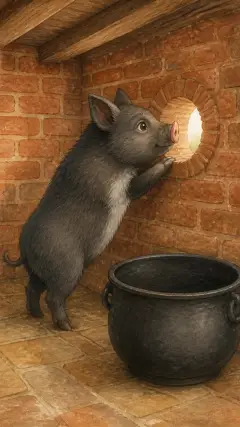 But the little pig looked out of his peep hole