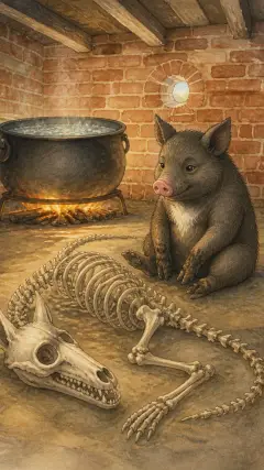 Then the little pig ate the old wolf until there was nothing left but the bones.