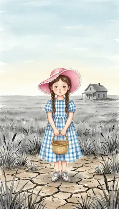 Dorothy lives on the wide gray prairies of Kansas. The sun has baked the land and grass a dull, dusty gray. Her tiny farmhouse holds just one little room.
