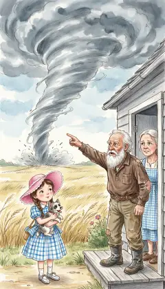 "There's a cyclone coming, Em!" Uncle Henry shouts. From north and south the wind wails and the grass bows low. "Quick, Dorothy! Run for the cellar!" cries Aunt Em. But Toto leaps from her arms and hides under the bed. Dorothy dives under the bed for Toto. Before she can reach the cellar door, the whole house lurches and lifts off the ground!