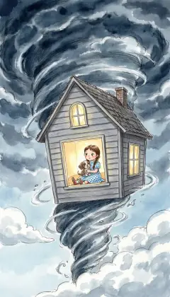 The wind shrieks and the house spins up into the sky. Dorothy feels as if she's floating in a balloon. It carries them miles away, easy as a feather. At last she curls up with Toto and falls fast asleep.