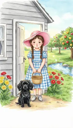 Dorothy wakes with a jolt and flings open the door: the storm is gone. Toto presses his cold nose to her cheek and whines softly. She gasps at a land more beautiful than any she has ever known.