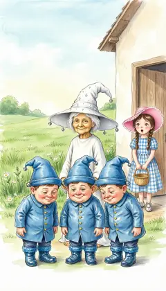 The queerest little people come near: three small men in blue, their hats jingling with bells. With them a tiny old woman in white bows low. 'You are welcome, noble Sorceress, to the land of the Munchkins.' 'You freed us from the Wicked Witch of the East!' Dorothy blinks: she has never killed anything.