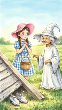 'See!' The witch points to two feet in silver shoes, crushed beneath the house. 'That was the Wicked Witch of the East. I am the Witch of the North, and I am good.' In the sun the dead witch's feet shrivel away to dust, leaving only the silver shoes behind.