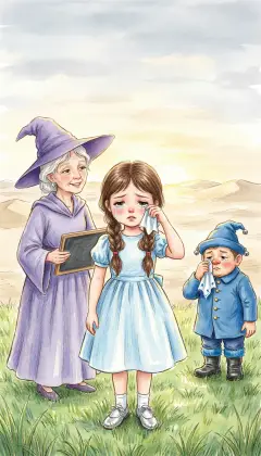 Deadly desert rings the land on every side. 'You will have to live with us,' the witch says. Dorothy weeps, and the kind little Munchkins weep with her. Then the witch's hat turns to a slate that reads: LET DOROTHY GO TO THE CITY OF EMERALDS.
