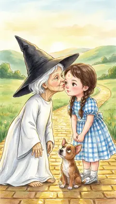 'I will give you my kiss: no one will dare harm a person kissed by the Witch of the North.' Her lips leave a round, shining mark on Dorothy's forehead. 'Follow the road paved with yellow brick to Oz.' Then she spins on her heel and vanishes.