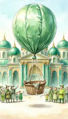 The balloon is carried out before the palace. A clothes basket hangs below it on many ropes. The whole city crowds in to see the wonderful sight.