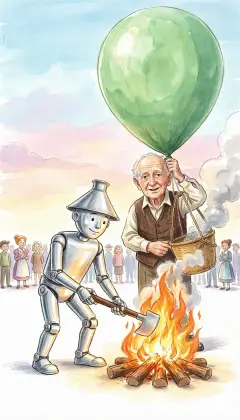 The Tin Woodman builds a great fire of wood. Oz catches the hot air, and the balloon swells up. "The Scarecrow will rule while I am gone!" Oz declares. Just then Toto spots a kitten and bolts into the crowd, and Dorothy darts after her little dog.