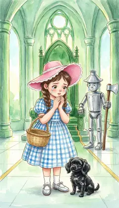 Dorothy weeps. The balloon is gone, and with it her ride home to Kansas. The Tin Woodman mourns Oz too, and asks her to wipe his tears so he won't rust. Gently she dabs each drop away, then he oils himself shiny and safe again.