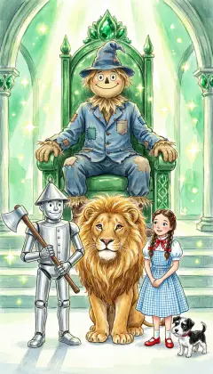 The next morning the friends gather once more in the great Throne Room. The Scarecrow is the new ruler now, perched proudly on the great green throne. The Tin Woodman loves his heart, the Lion knows he is brave, and all are content. All but Dorothy. 'I don't want to live here. I want to go home to Aunt Em!'
