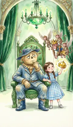 The Scarecrow thinks so hard the pins poke from his head. 'Call the Winged Monkeys!' Dorothy lifts the Golden Cap and speaks the magic words. The band swoops in. 'Carry me to Kansas!' she begs. But the Monkey King bows. 'That cannot be done.'