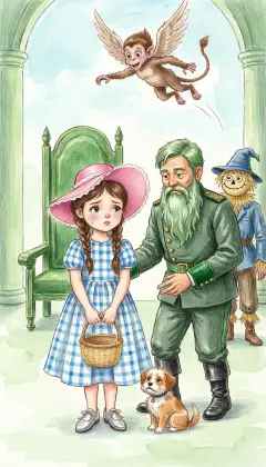 The Winged Monkeys fly off. Dorothy nearly cries. 'Is there no one who can help me?' The soldier with green whiskers steps in shyly. 'Glinda might,' he suggests. 'The Good Witch of the South, by the desert's edge. She may know a way across.'