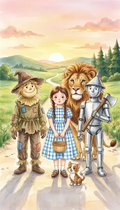 The road south is full of dangers, but it is Dorothy's best hope of going home. 'I shall go with her,' roars the Lion. 'My axe will serve her,' adds the Woodman. 'And I will never leave her,' says the Scarecrow. They set out at dawn together.