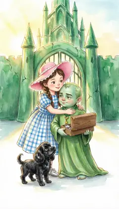 At dawn Dorothy hugs the kind Guardian of the Gates goodbye. He unlocks their green spectacles and wishes them well. "You will always be welcome here," he says. Then the great green gate swings slowly open before them.