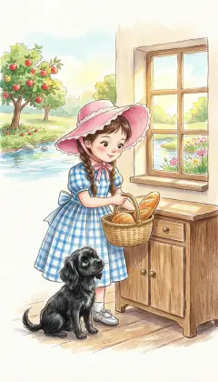 Dorothy packs a basket with bread and butter for a long journey. She shares a drink of cool brook water with Toto. With only her little dog for company, she is far from home and ready to go. She also takes the dead Witch's silver shoes, too pretty to leave behind.
