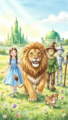 The friends turn south together, laughing in the warm sunshine. The Lion bounds along, sniffing the fresh air with pure joy. "City life does not agree with me!" he grins. Behind them, the Emerald City fades into the distance.