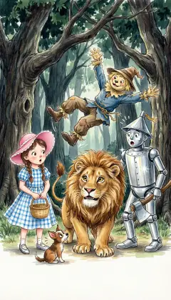 Next they reach a thick, endless wood that blocks the way. The Scarecrow steps under a big tree to lead them through. Its branches grab him and fling him head over heels! "What shall we do now?" cries Dorothy.