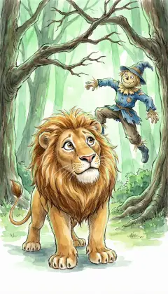 The Lion stares up as the branches twist and reach for them. "The trees have made up their minds to fight us," he says. Behind him, another tree tosses the poor Scarecrow back again.