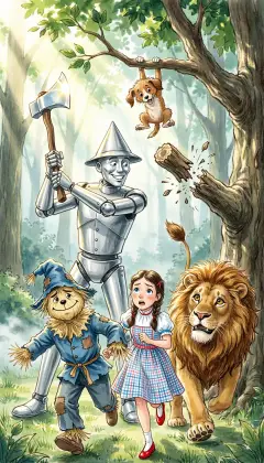 The Tin Woodman marches up with his axe held high. When a branch reaches down, he chops it clean in two! The tree shakes in pain, and they all dash safely under. He frees poor Toto from a branch, and the dog is safe.