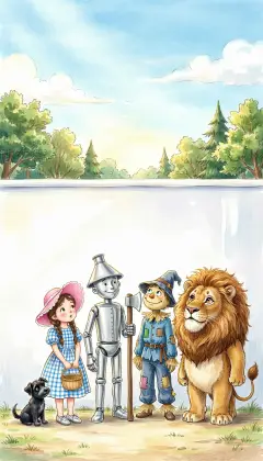 Beyond the wood rises a tall wall of smooth white china. It is higher than their heads and shiny as a dish. "What shall we do now?" Dorothy asks again. "I will make a ladder," says the Tin Woodman. "We must climb over."