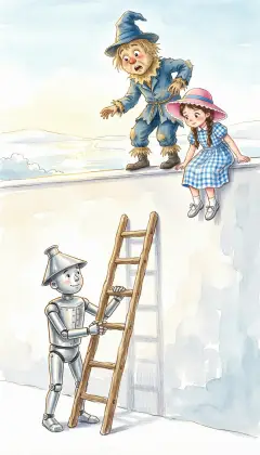 The Tin Woodman builds a clumsy wooden ladder, so the tired travelers can climb the strange wall. The Scarecrow goes first, wobbling, with Dorothy close behind to keep him from tumbling off. He pokes his head over the top and gasps, 'Oh, my!'