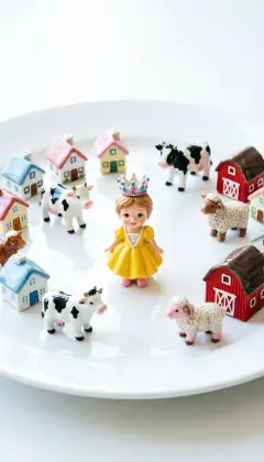 Below them lies a land white and shining as a big platter. It is scattered with tiny china houses, barns, and toy-sized cows, sheep, and pigs. Strangest of all are the little china people, no taller than Dorothy's knee, in jeweled crowns and bright frocks.