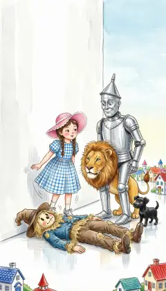 The ladder is too heavy to lift, so the Scarecrow drops first and the others land softly on his straw. They pat his flattened body back into shape and set off across the brittle white land. 'We must be very careful here,' says Dorothy, 'or we may break these little people.'