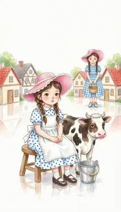 First they meet a china milkmaid milking a little china cow. The startled cow kicks, and stool, pail, and milkmaid all crash to the ground. The cow's leg breaks off. 'See what you have done!' the milkmaid cries, leading her limping cow away.