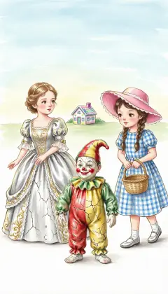 Next a beautiful china Princess flees, fearing she'll fall and break. 'One is never so pretty after being mended,' she explains. Up hops Mr. Joker, a clown cracked in a hundred places, who teases Dorothy with a saucy rhyme.