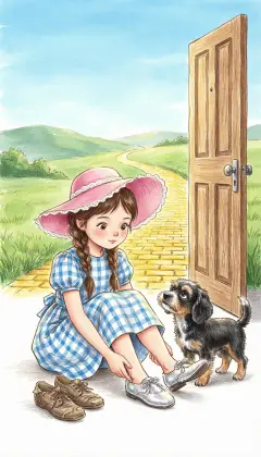 Her old shoes are too worn for the road, so she tries the Witch's silver shoes. They fit perfectly, as if made just for her. "Come along, Toto. We'll find the Great Oz!" She follows the yellow brick road.