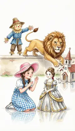 Dorothy longs to keep the Princess, but learns she'd grow stiff and sad away from home, so she says goodbye. Reaching a lower wall, they scramble up, but the leaping Lion's tail smashes a little china church. 'There are worse things than being a Scarecrow,' he laughs, glad his straw cannot break.