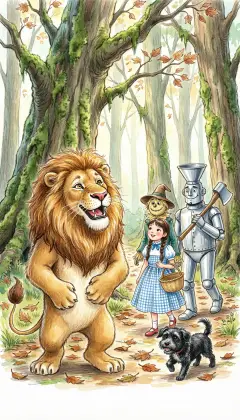 Beyond the wall they trudge across rough country, over soggy bogs and marshes, until the ground rises into trees. The Lion steps into a vast, ancient forest and his eyes light up. "This place is perfectly delightful," he says. "I could live here all my life." "It seems gloomy," frowns the Scarecrow, eyeing the shadows. "Perhaps there are wild beasts here now," warns Dorothy. They make a cozy camp among the great trees, and the Lion keeps watch as night falls.