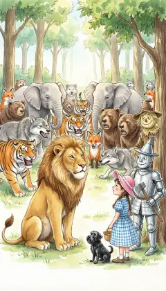 At dawn a low rumble of growls leads the friends to a wide clearing. Hundreds of beasts are gathered: tigers, elephants, bears, and wolves. The animals fall silent the moment they spot the great Lion.