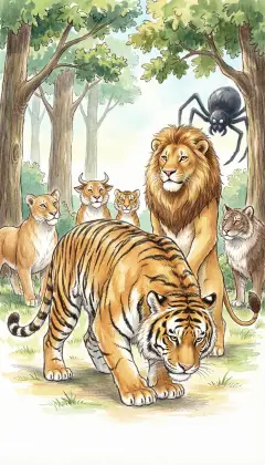 The biggest tiger bows. "Welcome, O King of Beasts! Come fight our enemy." "A monster like a great spider stalks us, its body big as an elephant." "End our enemy," says the Lion, "and will you obey me as King of the Forest?" "We will!" the beasts roar together with a mighty sound.