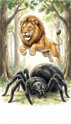 Deep among the oaks the Lion finds the giant spider fast asleep. He spies the monster's slender neck and springs onto its back. One heavy, clawed blow knocks the spider's head clean from its body. He waits until the long legs stop wiggling. The beast is dead.