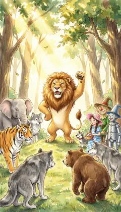 The Lion returns to the clearing, head held high. "You need fear your enemy no longer," he says proudly. Every beast bows low. The Cowardly Lion is now King of the Forest. He vows to return and rule once Dorothy is safely on her way to Kansas.
