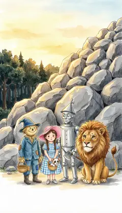 Out of the dark forest at last, the four travelers spot a steep hill ahead. It is covered top to bottom with great chunks of rock. "A hard climb," says the Scarecrow, "but we must get over it."