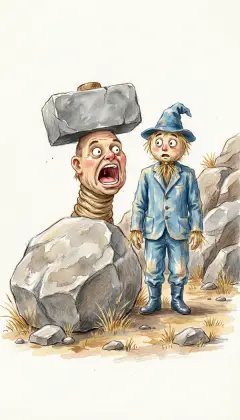 "Keep back!" a rough voice cries from the rocks. Out steps the strangest man they have ever seen, short and stout with a big flat head. He has no arms at all. "This hill is ours, and no one may cross it!"
