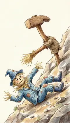 The Scarecrow climbs boldly forward, and quick as lightning a flat head shoots out and strikes! The Scarecrow goes tumbling head over heels down the rocky hill. Straw flies everywhere as he rolls all the way to the bottom.